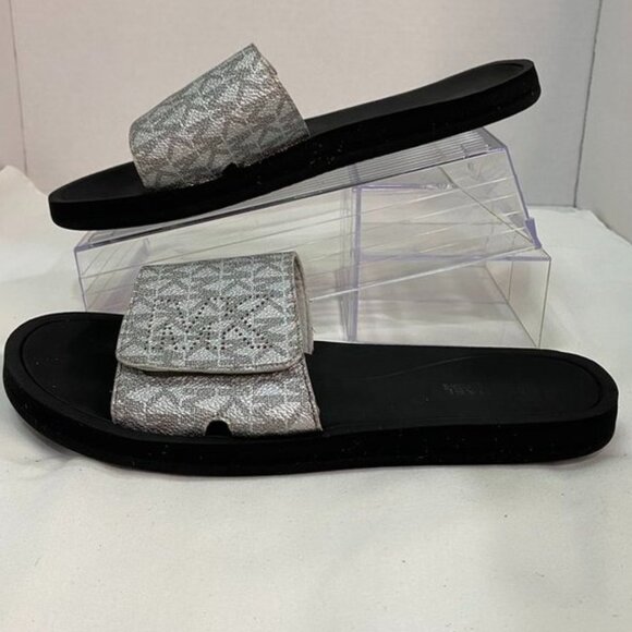 Michael Kors Silver Monogram Slide Sandals Women’s 8M Logo Strap Flat - Picture 7 of 10